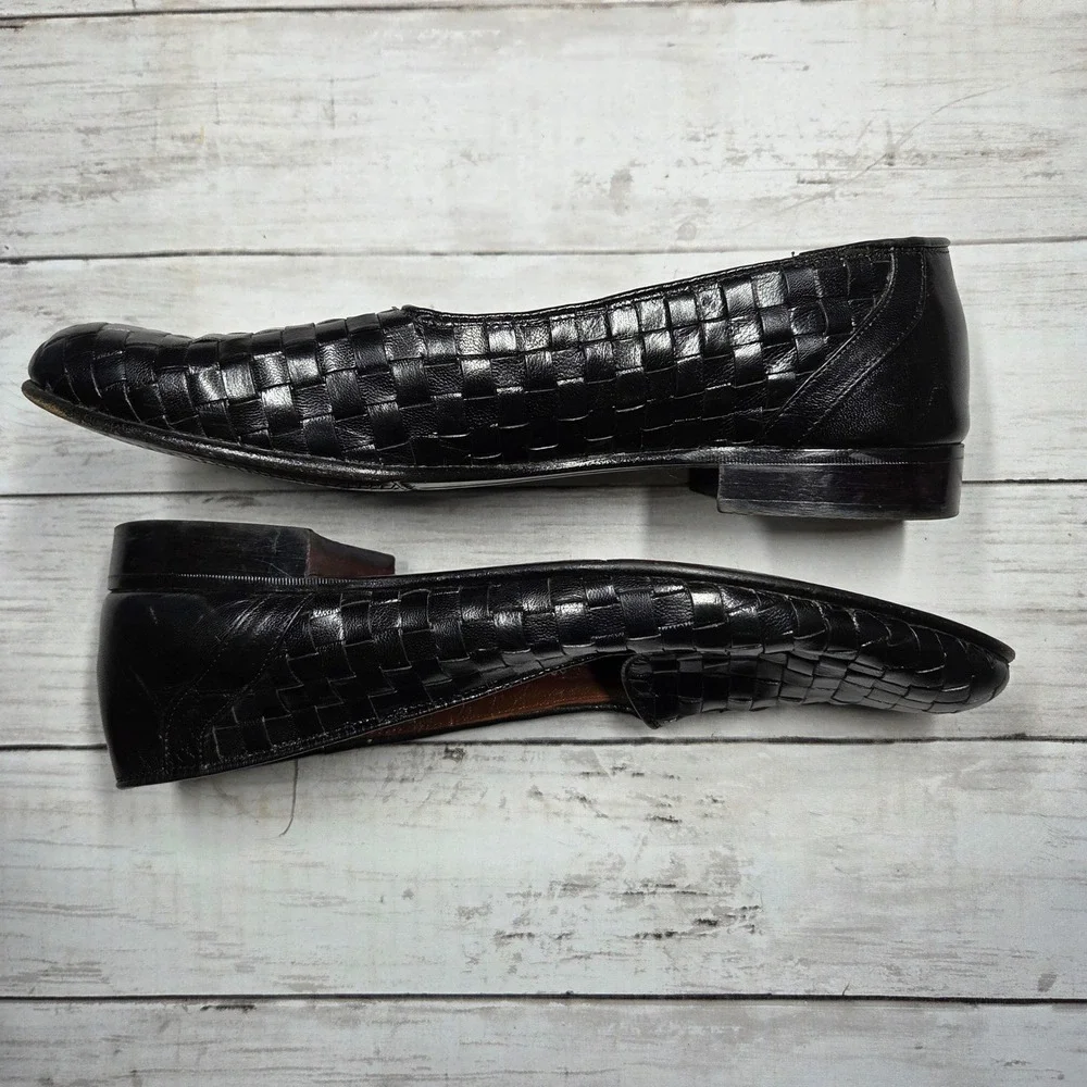 Brassboot Woven Leather Loafers Basketweave Dress Shoe Men 9 Black Made in Italy